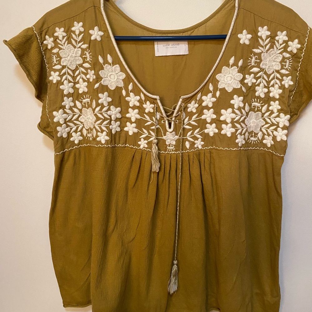 Lucky Brand Olive Floral Embroidered Blouse